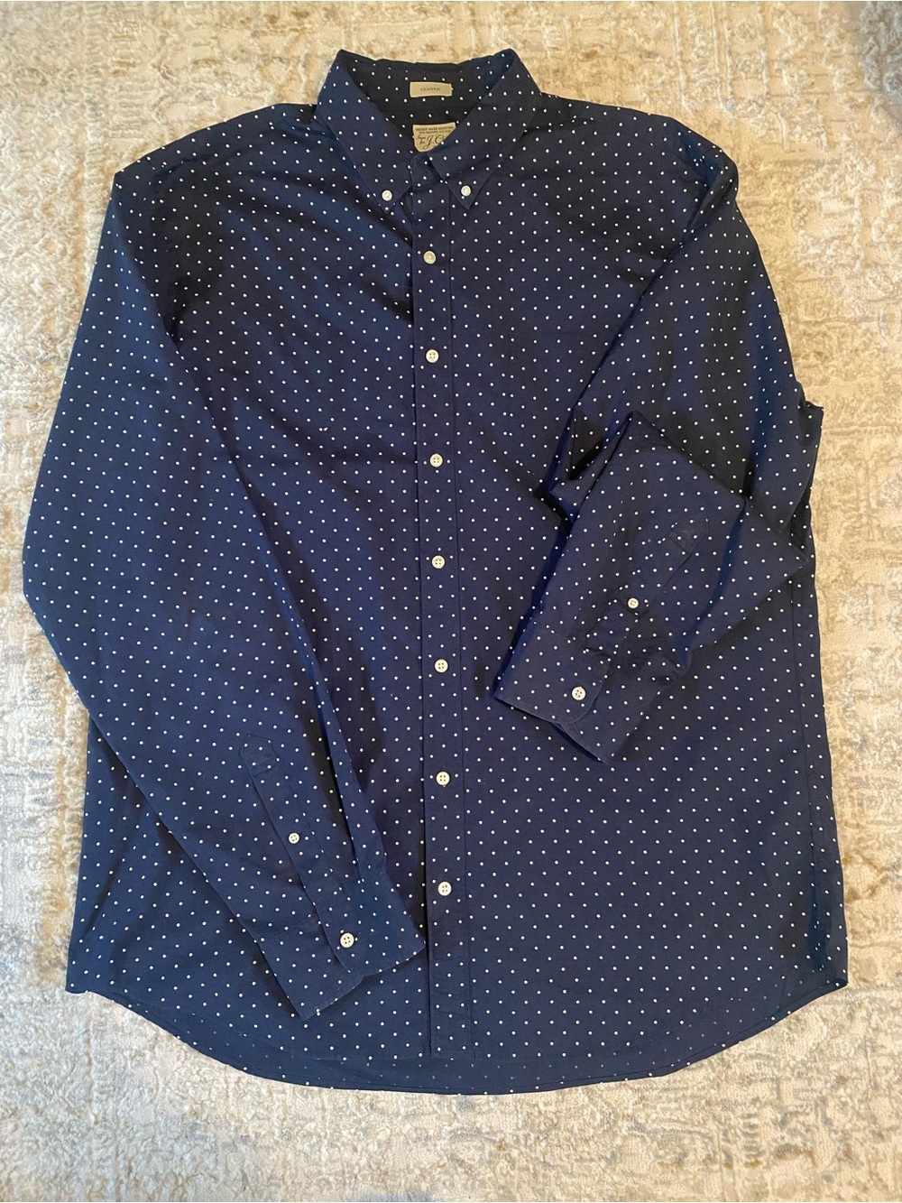 J. Crew Secret Wash Navy Button-Down Shirt with White Dot Pattern